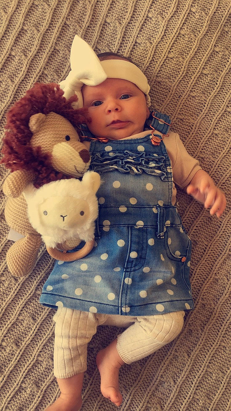 Maliah is registered to the contest to win money with this photo: baby, cheek, child, doll, family, hat, headgear, headwear, people, person, skin, stuffed_toy, teddy_bear, toddler, toy, yellow