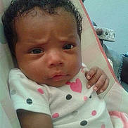 Amaralee joined the competition — help win amazing prizes! baby, infant, child, polka_dot, heart, clothing, face, curly_hair, hand, cushion, indoor, expression, looking, young_child, person, portrait, resting, cute, skin, head