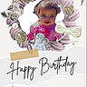 toddler, child, portrait, birthday, wreath, butterfly, bow, pearl, angel_statue, pink_clothing, curly_hair, decorative_frame, floral_elements, tape, text_overlay, celebration, cute, smiling, face, background