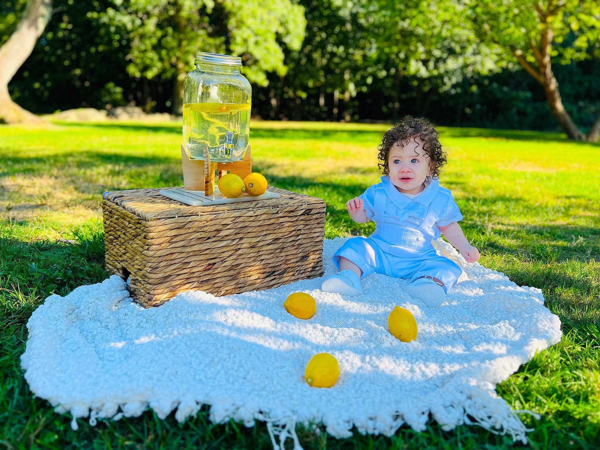 Aaron Elijah joined the competition — help win amazing prizes! baby_toddler_clothing, basket, child, dress, fun, grass, grass_family, green, happy, lawn, leisure, meadow, people_in_nature, person, plant, recreation, table, toddler, tree, water