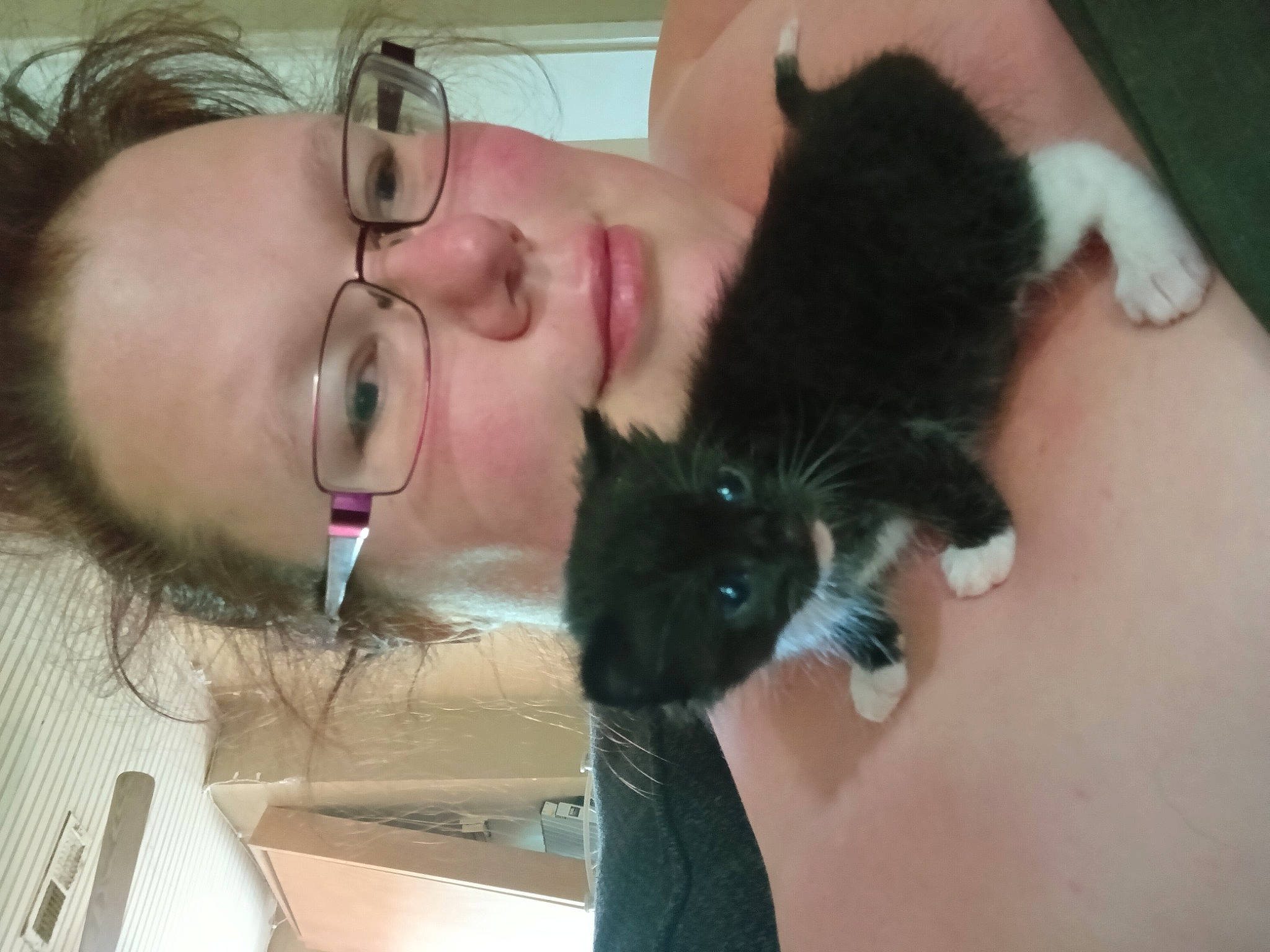 Roxy is registered to the contest to win money with this photo: beard, black_hair, carnivore, cat, comfort, ear, eyelash, felidae, finger, fun, gesture, lap, long_hair, mammal, neck, nose, small_to_medium_sized_cats, vertebrate, vision_care, whiskers