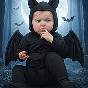 Madi joined the competition — help win amazing prizes! baby, bat_wings, black_outfit, blue_eyes, child, costume, cute, dark, expression, fantasy, forest, full_moon, halloween, hood, night, outdoor, sitting, spooky, toddler, trees