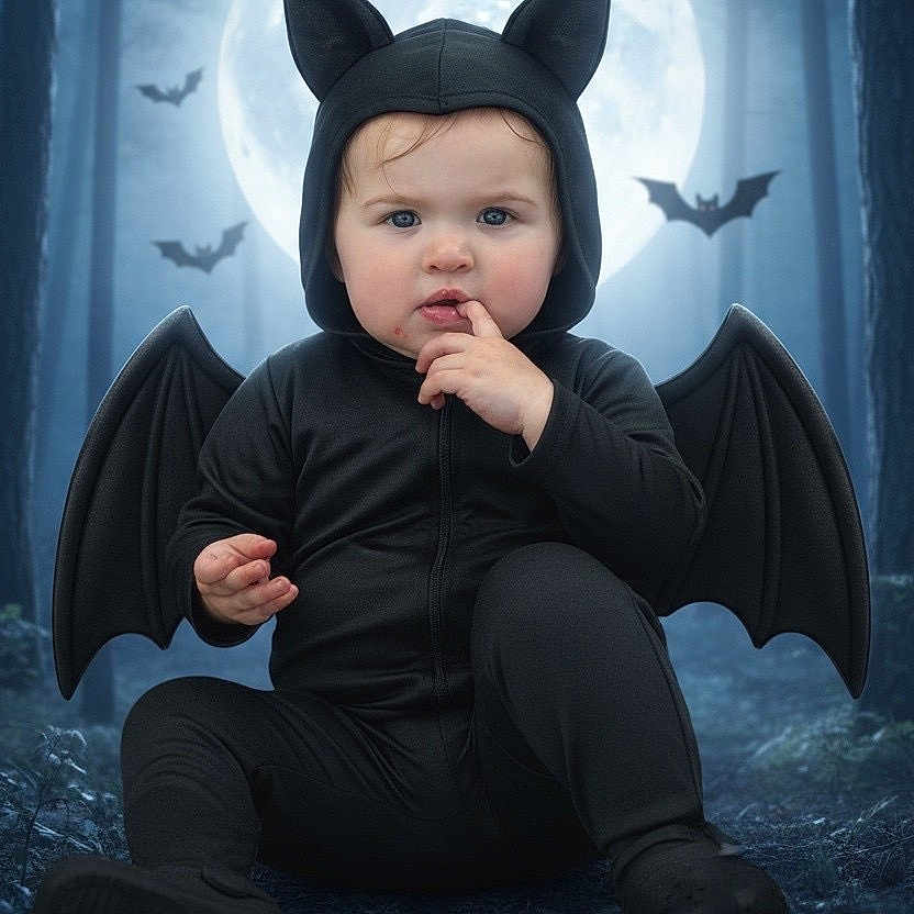 Madi joined the competition — help win amazing prizes! baby, bat_wings, black_outfit, blue_eyes, child, costume, cute, dark, expression, fantasy, forest, full_moon, halloween, hood, night, outdoor, sitting, spooky, toddler, trees