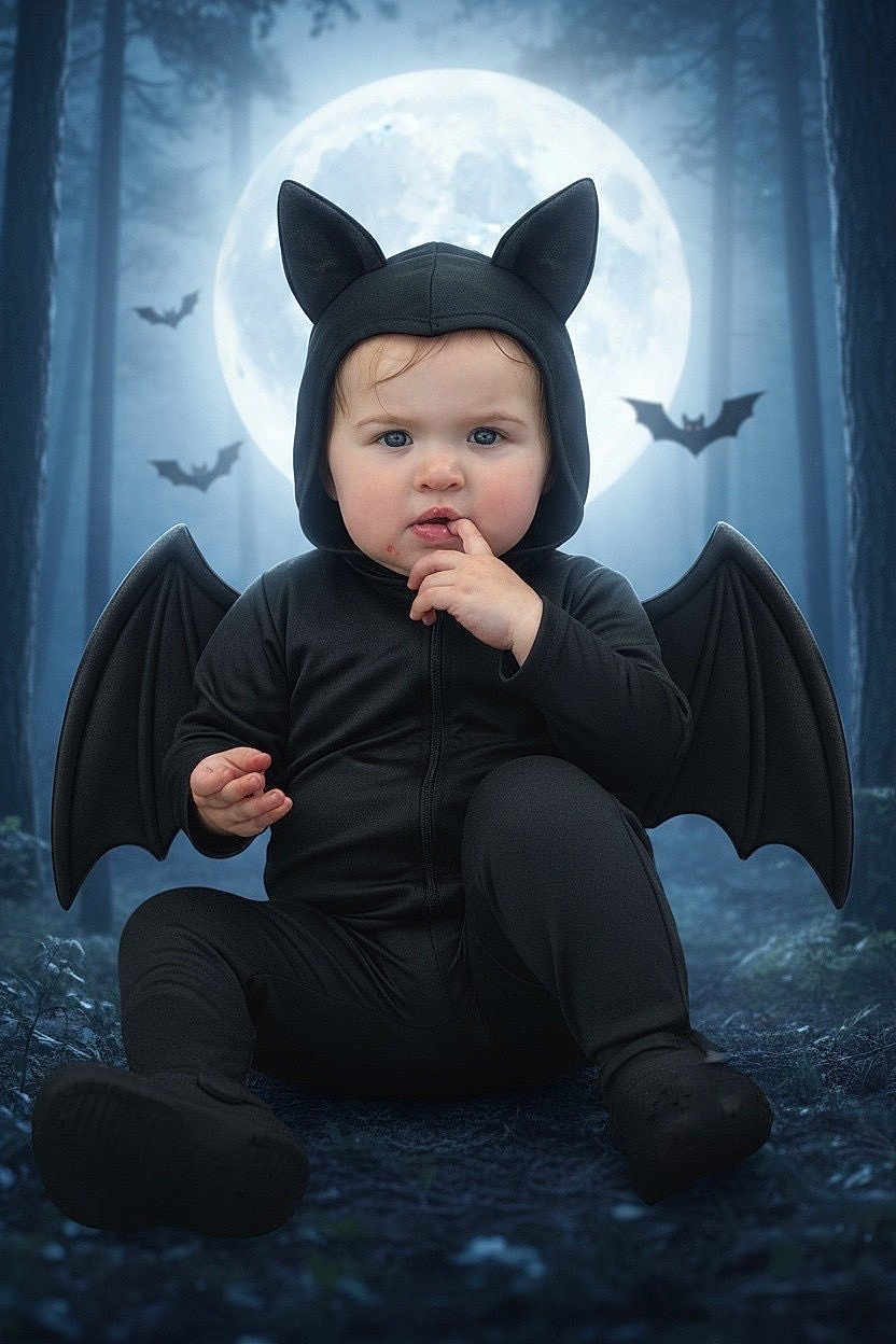 Madi joined the competition — help win amazing prizes! baby, bat_wings, black_outfit, blue_eyes, child, costume, cute, dark, expression, fantasy, forest, full_moon, halloween, hood, night, outdoor, sitting, spooky, toddler, trees