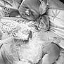 newborn, baby, sleeping, lace, tulle, headband, infant, soft, blanket, peaceful, portrait, black_and_white, cute, adorable, closeup, delicate, resting, person, child, cozy