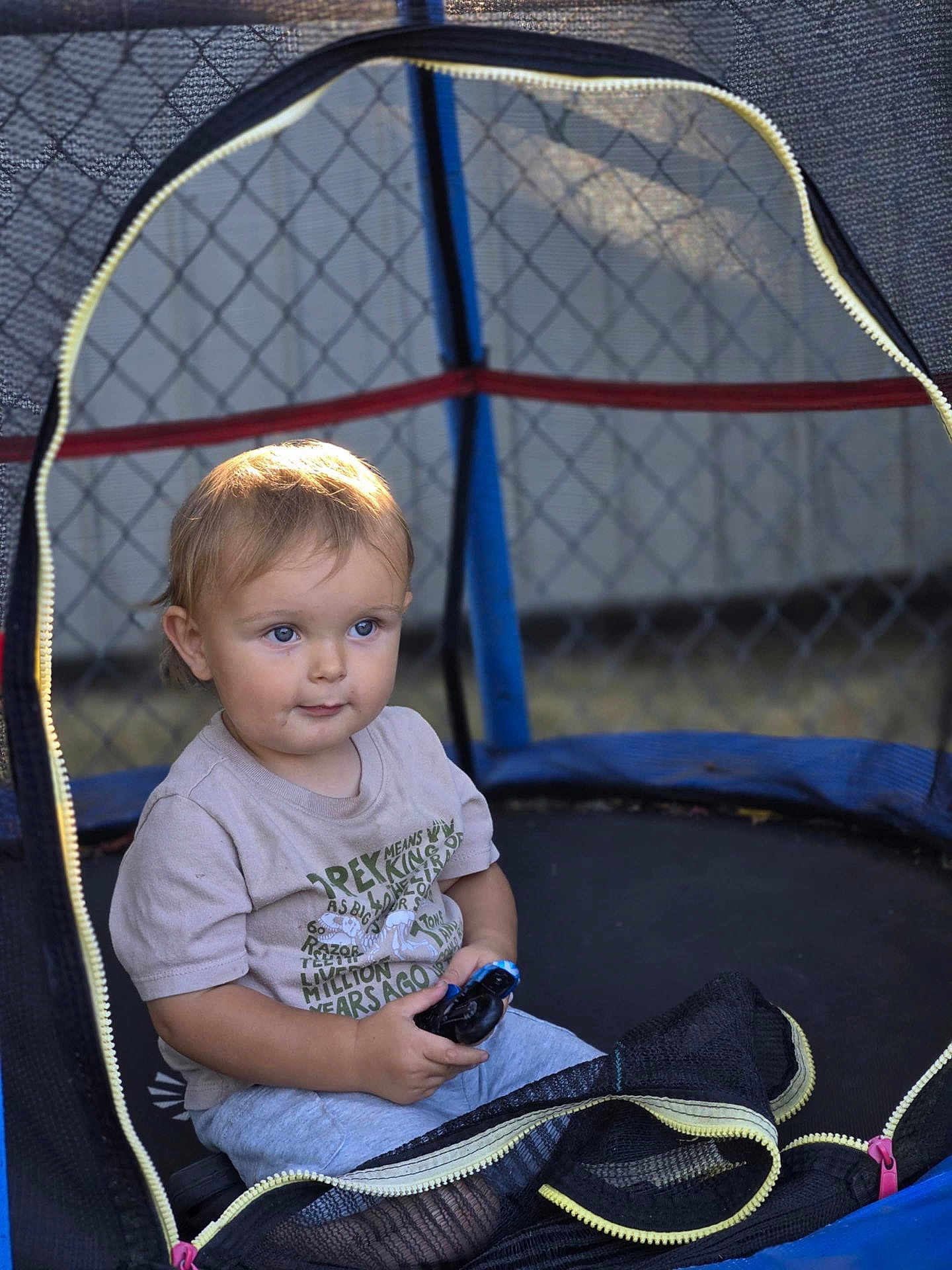 Colt is registered to the contest to win money with this photo: toddler, child, toy_car, trampoline, netting, outdoor, fence, light, shadow, casual_clothing, short_sleeves, pants, playtime, daylight, portrait, curious, sitting, young_child, blue_eyes, blond_hair