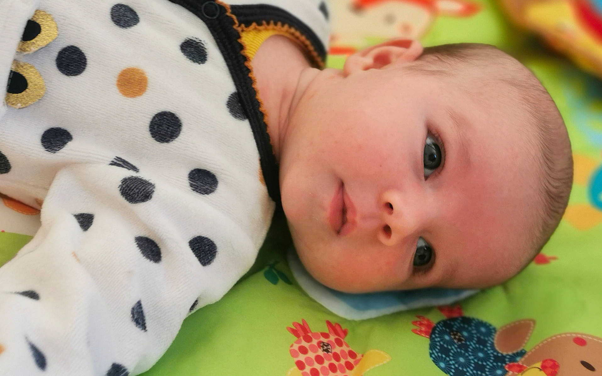 Sharlie a rejoint le concours — aidez-le/la à gagner de superbes lots ! baby, baby_products, baby_toddler_clothing, cheek, child, eyelash, lip, pattern, person, polka_dot, toddler, yellow