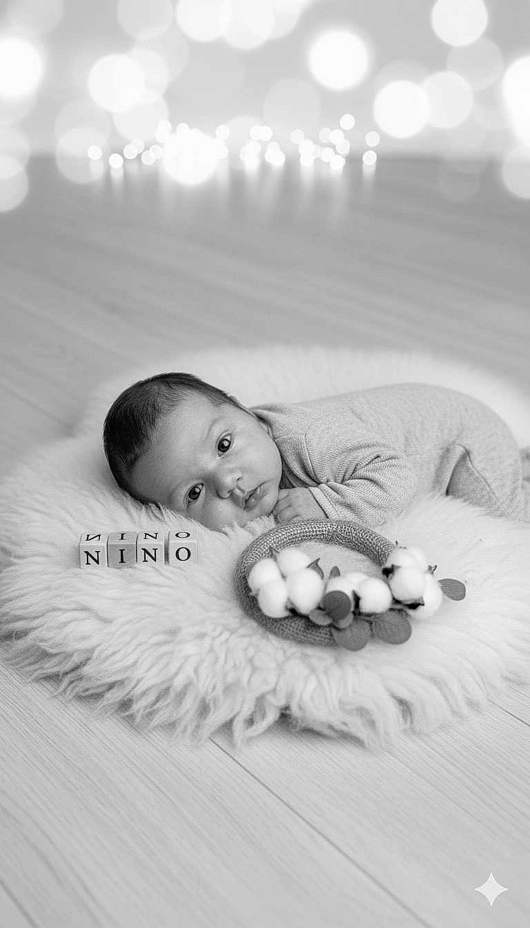Nino a rejoint le concours — aidez-le/la à gagner de superbes lots ! baby, infant, child, fluffy_rug, wooden_floor, blocks, letters, cotton_wreath, black_and_white, portrait, closeup, soft_lighting, bokeh, curious, lying_down, cozy, indoors, cute, peaceful, newborn