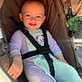 toddler, child, baby, stroller, seatbelt, smiling, onesie, panda_design, outdoor, sunlight, brown, fabric, harness, hand, cute, portrait, infant, happy, person, seat
