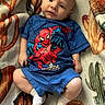 Theodore is registered to the contest to win money with this photo: baby, child, infant, blue_clothing, spiderman, blanket, patterned_blanket, socks, cute, portrait, indoor, person, young_child, laying_down, fabric, soft_texture, colorful, expression, casual, cozy