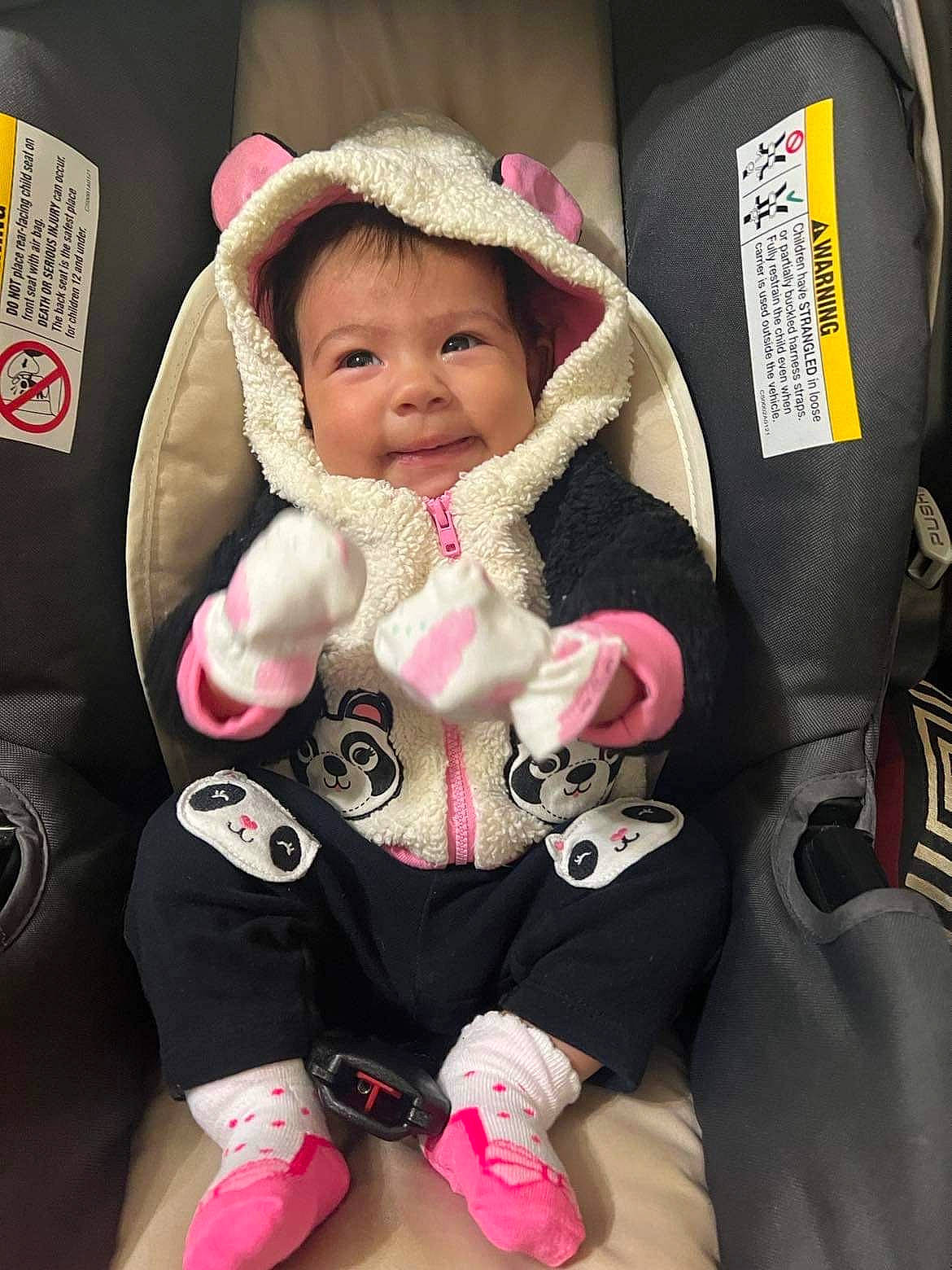 Evangeline Calderon is registered to the contest to win money with this photo: auto_part, baby, baby_carriage, baby_in_car_seat, baby_products, baby_safety, baby_toddler_clothing, car_seat, cheek, child, comfort, linens, magenta, person, pink, sitting, sleeve, smile, textile, thumb