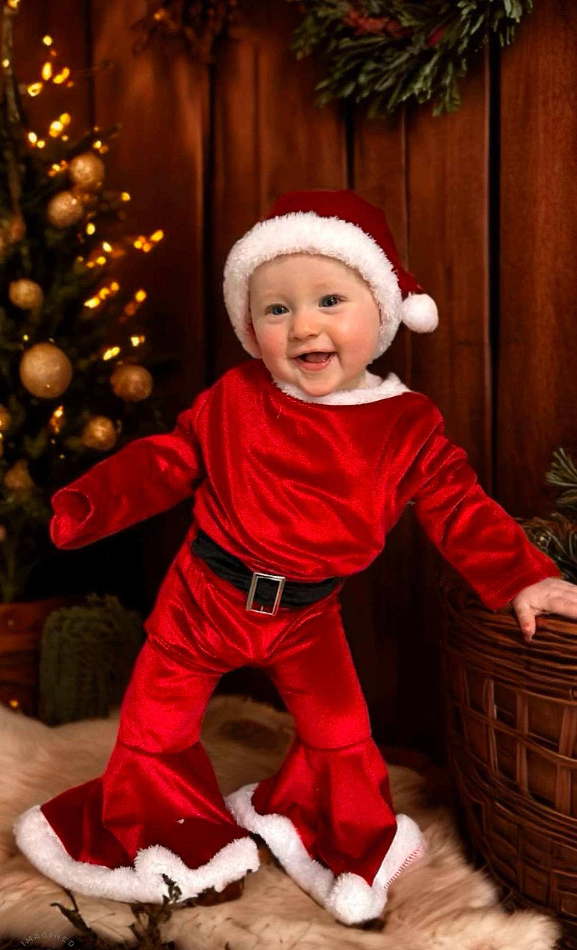 Adalyn joined the competition — help win amazing prizes! baby, baby_toddler_clothing, child, christmas, christmas_decoration, christmas_ornament, christmas_tree, event, facial_expression, fun, happy, headwear, holiday, joy, lap, outerwear, person, red, sleeve, smile