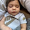 child, toddler, sleeping, blanket, nike, tshirt, indoor, cozy, peaceful, face, hand, soft, resting, cute, portrait, young, person, comfort, relaxation, nap