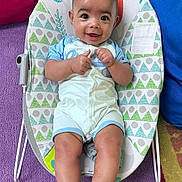 Zayden joined the competition — help win amazing prizes! baby, baby_rocker, barefoot, blue_clothing, child, colorful_background, cute, fabric_pattern, happy, head, indoor, infant, legs, person, playroom, purple_rug, seat, smiling, thumbs_up, young_child