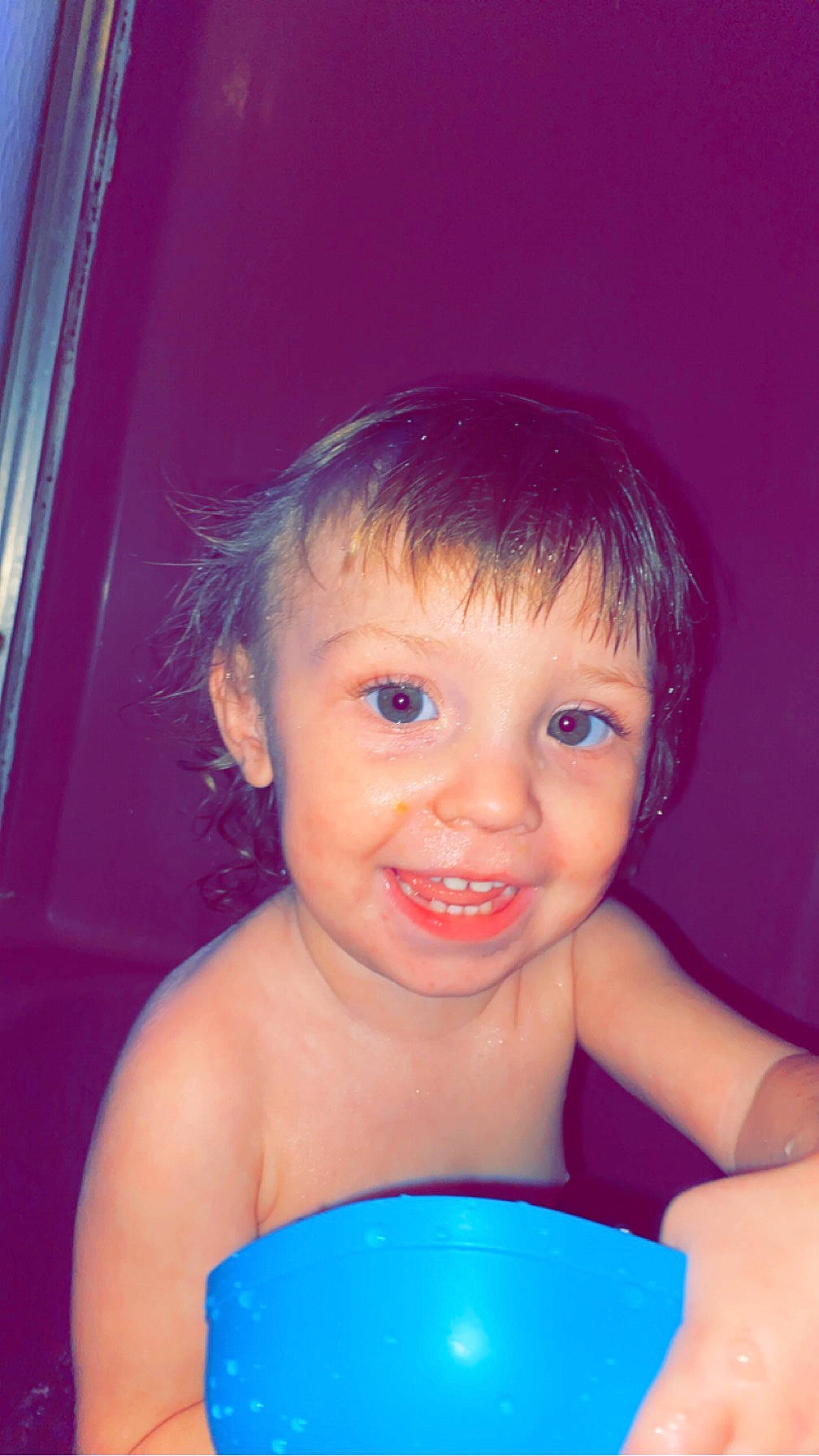 Colten is registered to the contest to win money with this photo: baby_playing_with_toys, bathing, blue, cheek, chest, child, electric_blue, eyelash, fun, happy, human_body, iris, joy, lip, magenta, mouth, nose, person, pink, skin