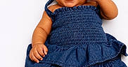 Merci is registered to the contest to win money with this photo: baby, child, smiling, blue_dress, headband, bow, infant, cute, happy, lying_down, white_background, skin, face, hand, footwear, portrait, adorable, young, person, clothing