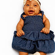 Merci joined the competition — help win amazing prizes! baby, infant, child, denim_dress, headband, bow, smiling, happy, cute, lying_down, white_background, baby_clothes, newborn, sock, portrait, skin, hands, face, eyes, adorable