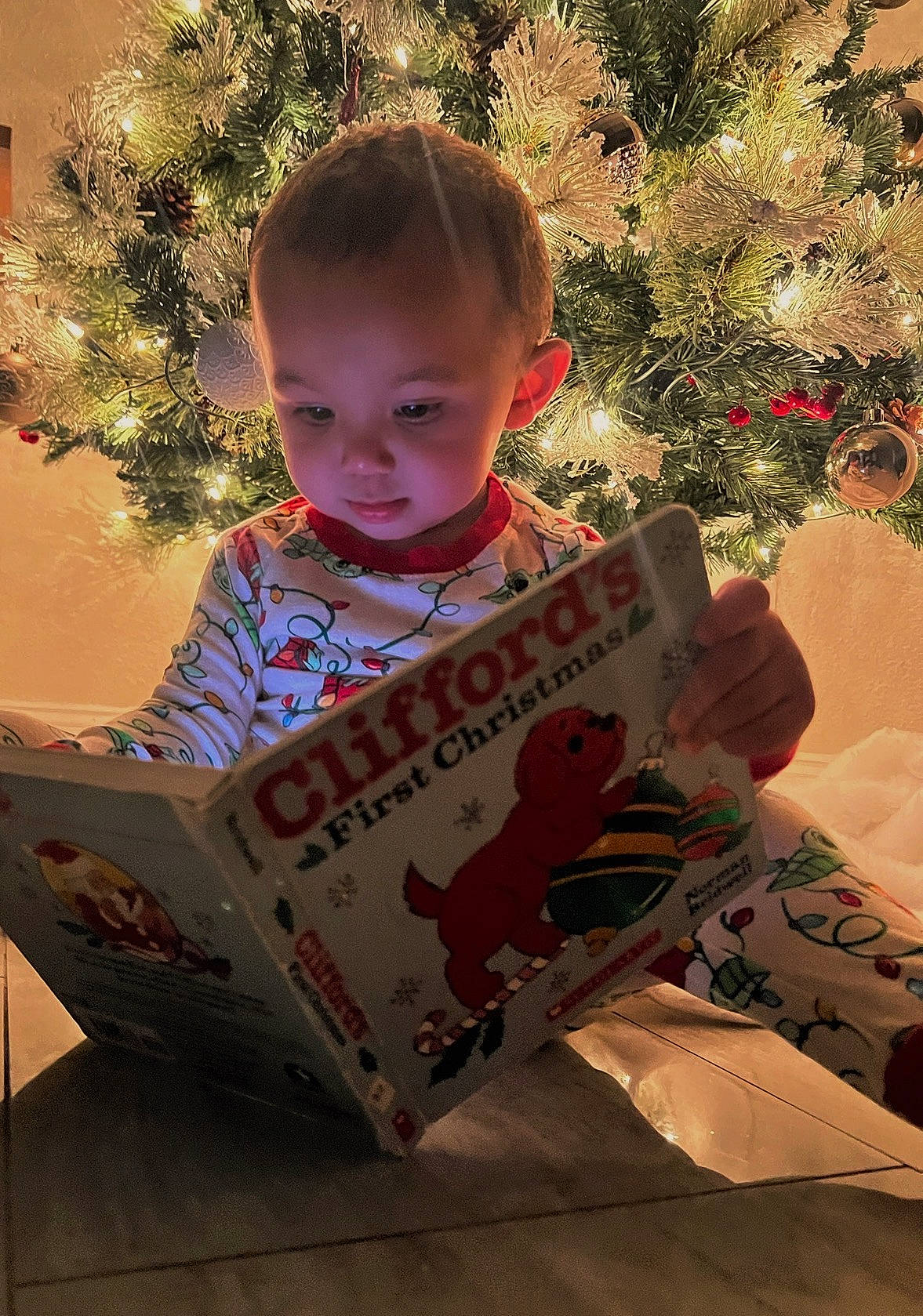 Anakin is registered to the contest to win money with this photo: baby, book, carmine, child, christmas, christmas_decoration, christmas_eve, christmas_ornament, christmas_tree, event, fun, happy, holiday, ornament, person, publication, reading, sitting, toddler, tree