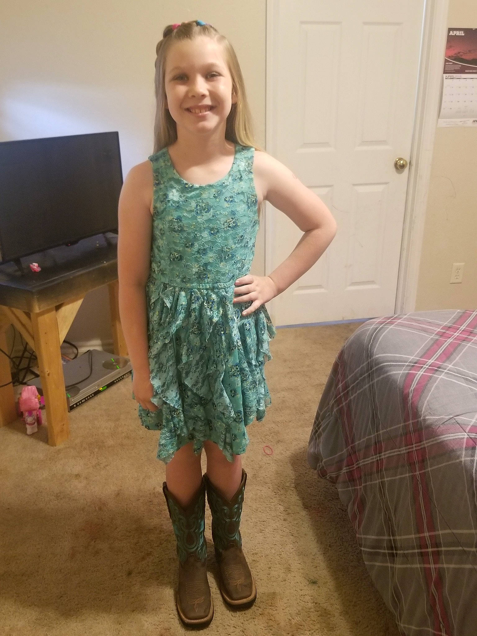 Alexus is registered to the contest to win money with this photo: blond, boot, child, child_model, clothing, design, dress, footwear, joint, joy, knee, leg, pattern, person, riding_boot, shoe, smile, thigh
