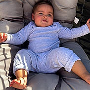 Naël participe au concours pour gagner de l'argent avec cette photo : baby, infant, child, pajamas, cushion, chair, footwear, shoes, indoor, relaxing, plush, light, shadow, comfort, cute, person, portrait, smiling, skin, happy