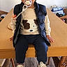 toddler, child, pacifier, sweater, dog_design, vest, sneakers, table, wooden_table, indoor, flooring, chair, wicker_chair, person, cute, smiling, clothing, home, casual, portrait