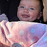 Airis Elaine joined the competition — help win amazing prizes! baby, blanket, blue_eyes, car_seat, child, cozy, cute, face, indoors, infant, pink, polka_dot, portrait, smile, soft, toddler, warm, warning_label, wrapped, young_child
