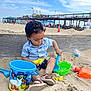 Amar is registered to the contest to win money with this photo: toddler, child, beach, sand, bucket, shovel, cap, toy, pier, cloudy_sky, water_bottle, sand_toys, footwear, playing, outdoor, summer, people, fence, blue_shirt, sitting