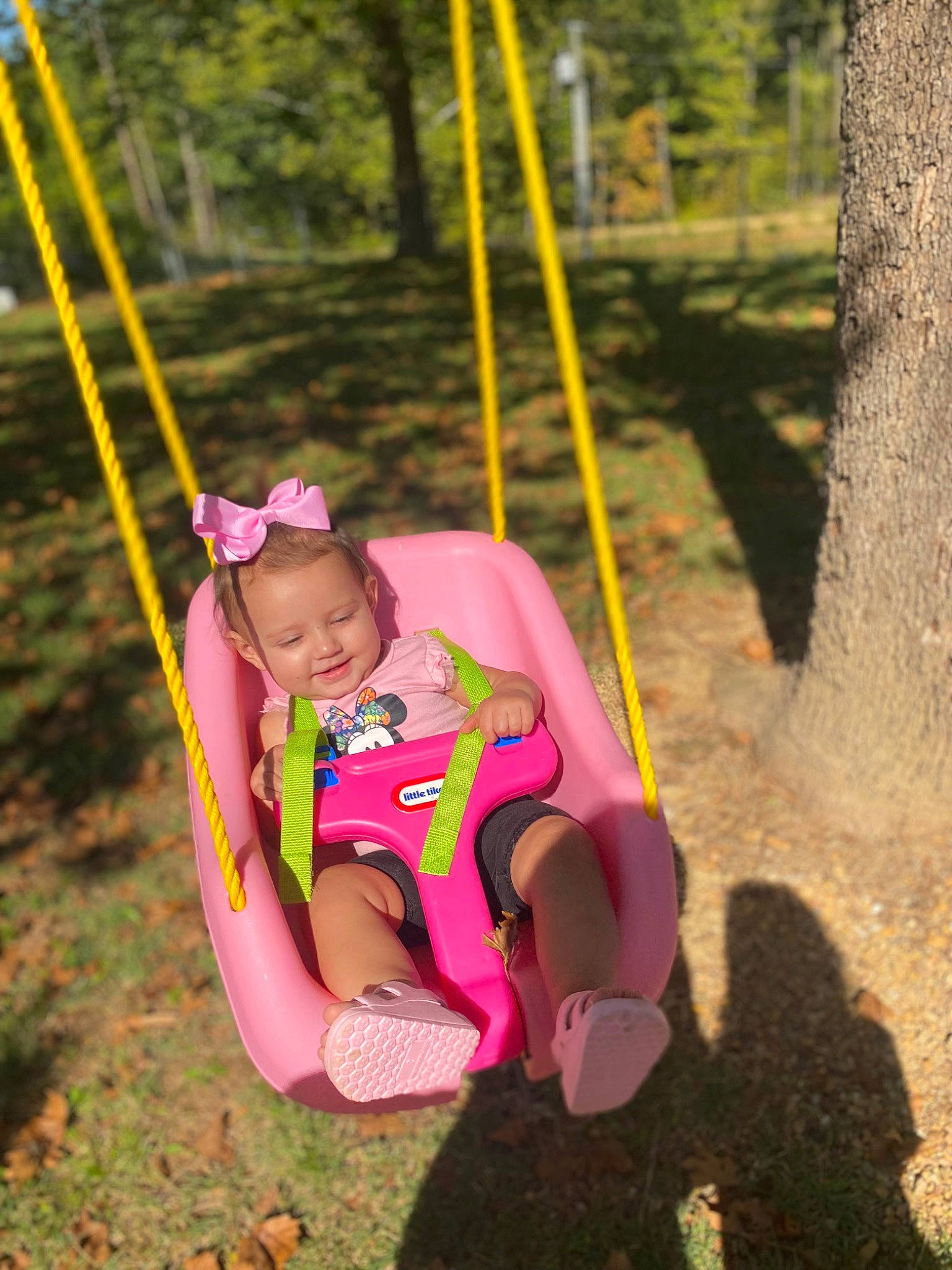Emberlee is registered to the contest to win money with this photo: baby_toddler_clothing, child, city, fun, grass, happy, joy, leisure, magenta, outdoor_play_equipment, people_in_nature, person, play, playground, recreation, rope, sandal, soil, swing, t_shirt