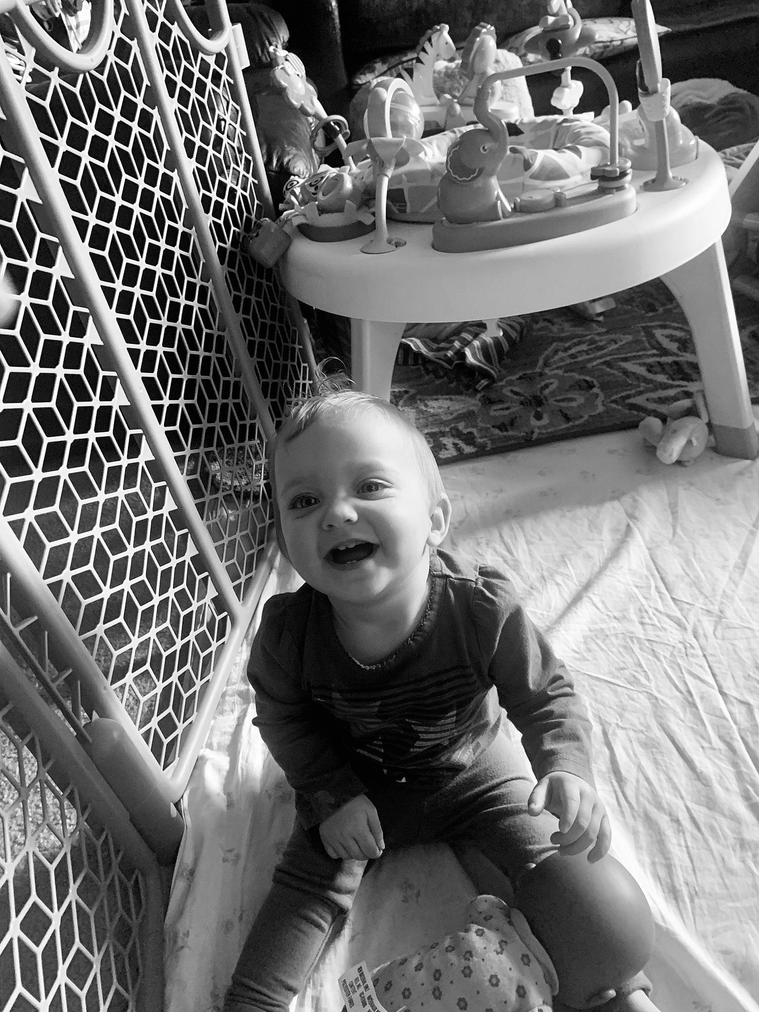 Scarlett is registered to the contest to win money with this photo: baby, baby_products, black, black_and_white, child, family, fun, monochrome, monochrome_photography, people, person, photography, play, product, sitting, smile, snapshot, style, toddler, white