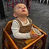 Joshua joined the competition — help win amazing prizes! toddler, child, high_chair, cup, straw, indoor, floor, tile, brown_overalls, white_shirt, blue_shoes, food_on_face, wooden_chair, red_stools, metal_chairs, curious_expression, sitting, person, casual_clothing, drinking