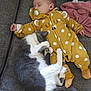 baby, infant, sleeping, cat, gray_cat, yellow_onesie, polka_dot, couch, sofa, cozy, nap, resting, pet, animal, indoor, cute, child, soft, peaceful, relaxation