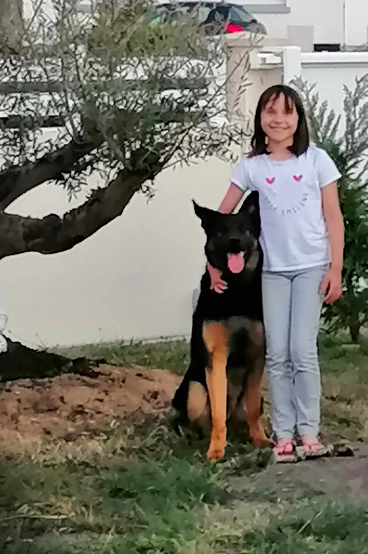 Idem a rejoint le concours — aidez-le/la à gagner de superbes lots ! child, dog, outdoor, grass, tree, smiling, pet, animal, girl, happy, casual, nature, yard, leisure, friendship, companionship, daylight, portrait, standing, fence