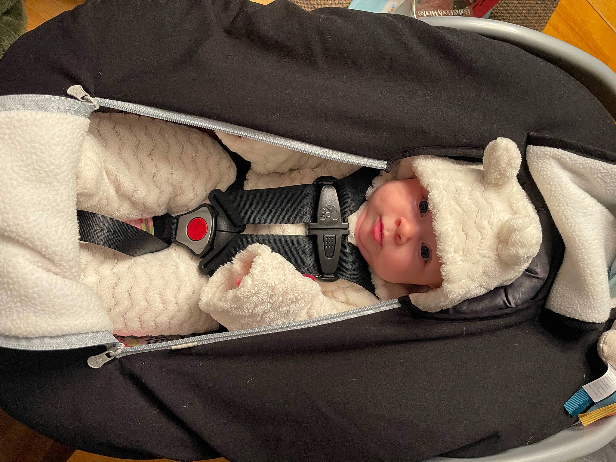 Aaliyah joined the competition — help win amazing prizes! baby, baby_carriage, baby_in_car_seat, baby_products, baby_safety, baby_sleeping, baby_toddler_clothing, bag, car_seat, carmine, child, comfort, headwear, infant_bed, lap, linens, mammal, nap, person, sleep