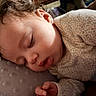 Gabrielle joined the competition — help win amazing prizes! newborn, baby, sleeping, infant, portrait, close_up, face, eyes_closed, curly_hair, onesie, blanket, hand, fingers, pout, peaceful, indoors, bedding, soft_lighting, resting, family