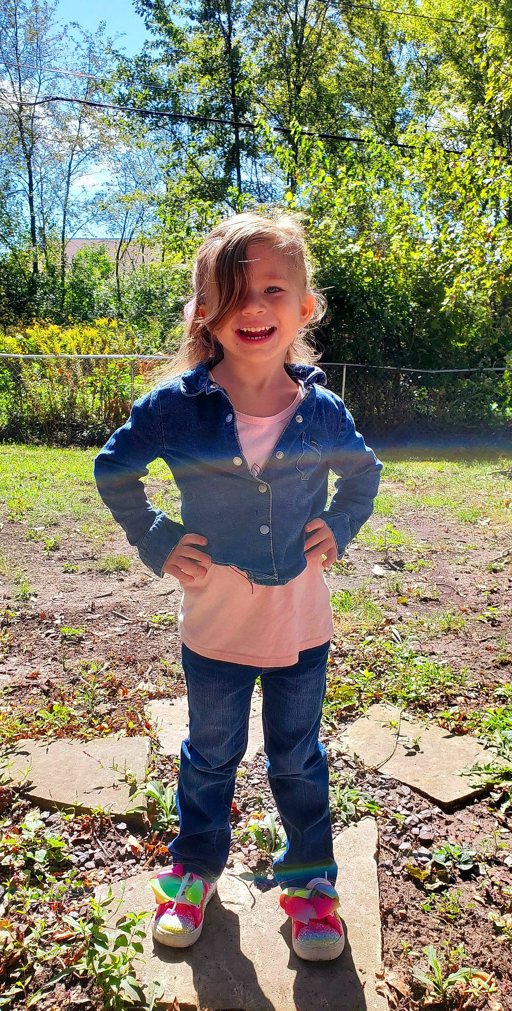 Dixie joined the competition — help win amazing prizes! denim, electric_blue, eye, forest, grass, hair, happy, head, joy, leisure, pattern, people_in_nature, person, plant, sleeve, smile, soil, street_fashion, t_shirt, toddler