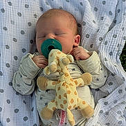 Knoxtin is registered to the contest to win money with this photo: baby, newborn, pacifier, plush_toy, giraffe, blanket, sleeping, infant, polka_dot, clothing, cute, resting, soft, cozy, outdoor, grass, toddler, peaceful, child, portrait