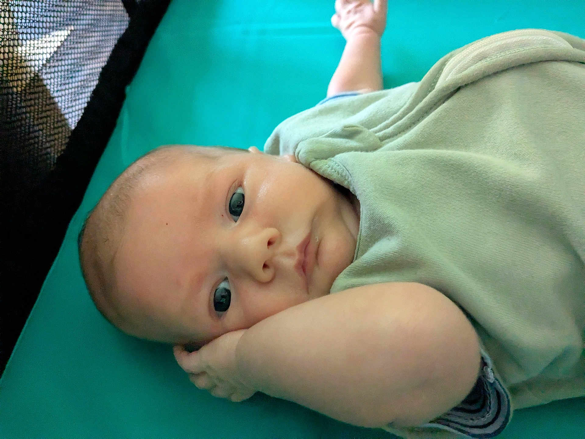 Knoxtin is registered to the contest to win money with this photo: baby, infant, face, blue_eyes, blanket, lying_down, arm, hand, soft_fabric, playpen, crib, curious, close_up, skin, head, expression, young_child, indoors, teal_background, portrait