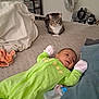baby, cat, bed, bottle, blanket, clothing, furniture, handwear, indoor, infant, kitten, mammal, person, pillow, sleepwear, tabby_cat, toy, young_child, lying_down, domestic_animal