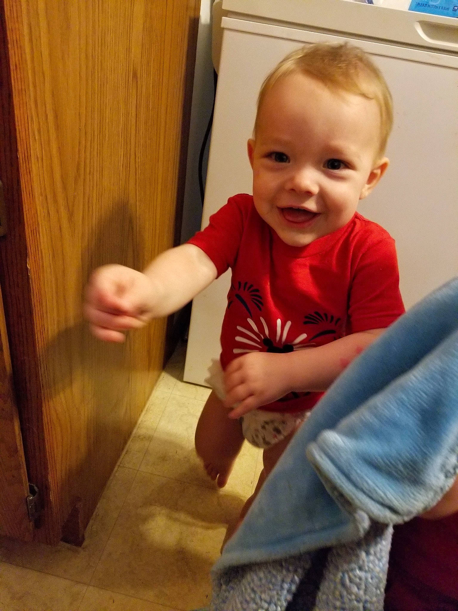 Gary joined the competition — help win amazing prizes! arm, baby, cheek, child, person, play, smile, standing, toddler, wood