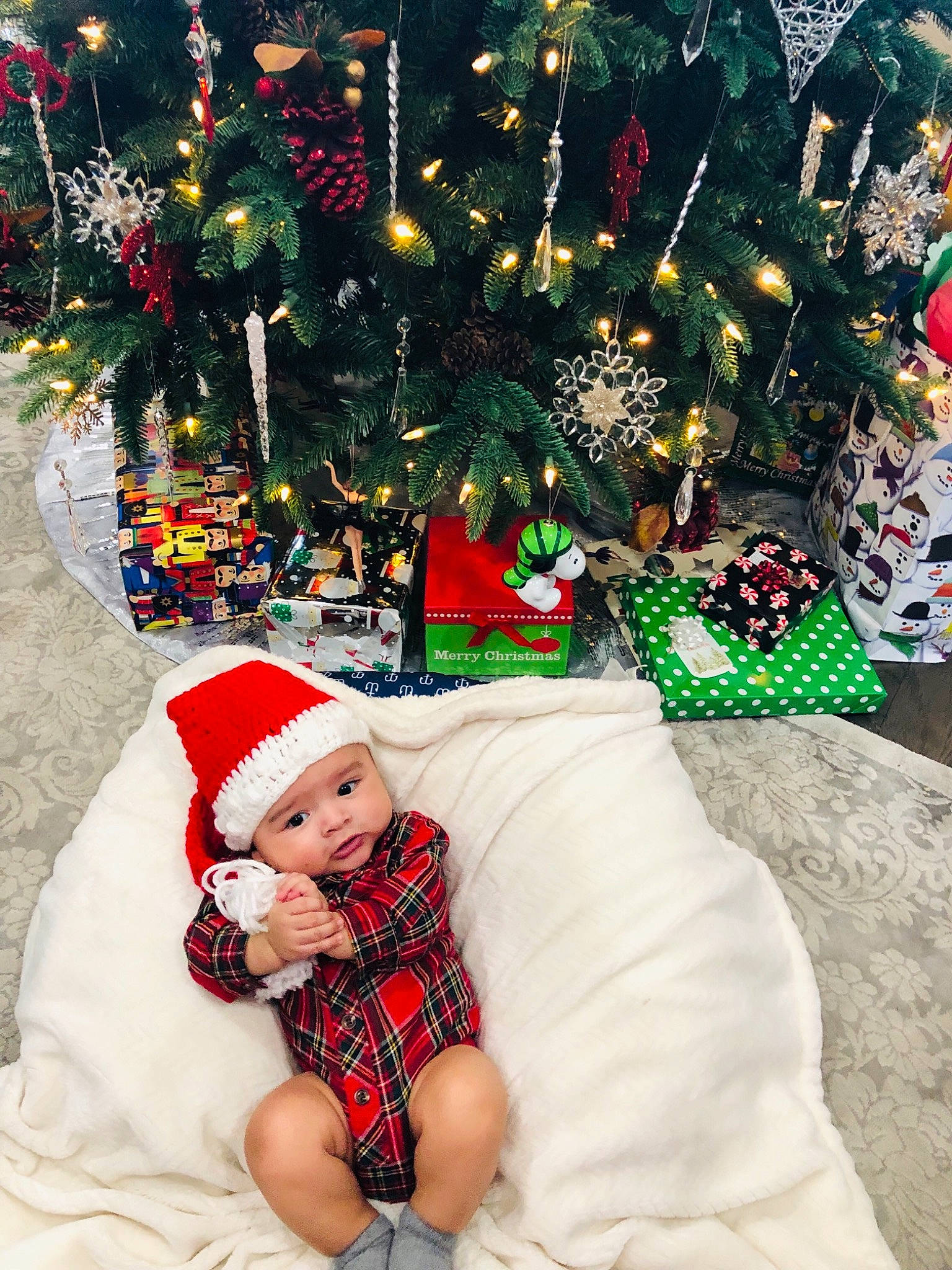 Jacek is registered to the contest to win money with this photo: christmas, christmas_decoration, christmas_ornament, christmas_tree, event, headwear, holiday, person, plant, toddler, tradition, tree, winter