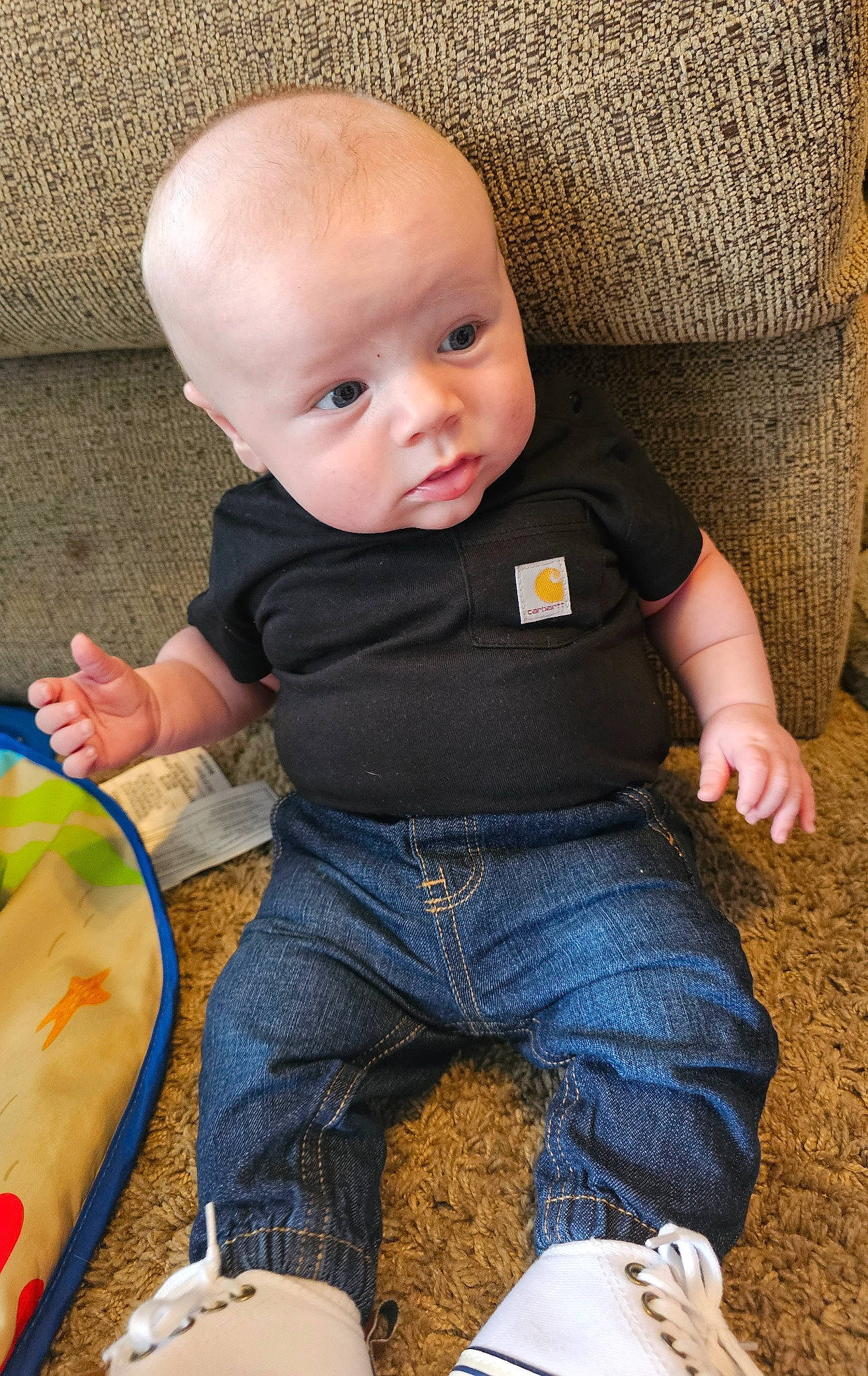 Colt joined the competition — help win amazing prizes! baby, baby_toddler_clothing, chair, cheek, child, comfort, comfort_food, denim, finger, fun, jeans, lap, pattern, person, sitting, skin, sleeve, t_shirt, toddler, wood