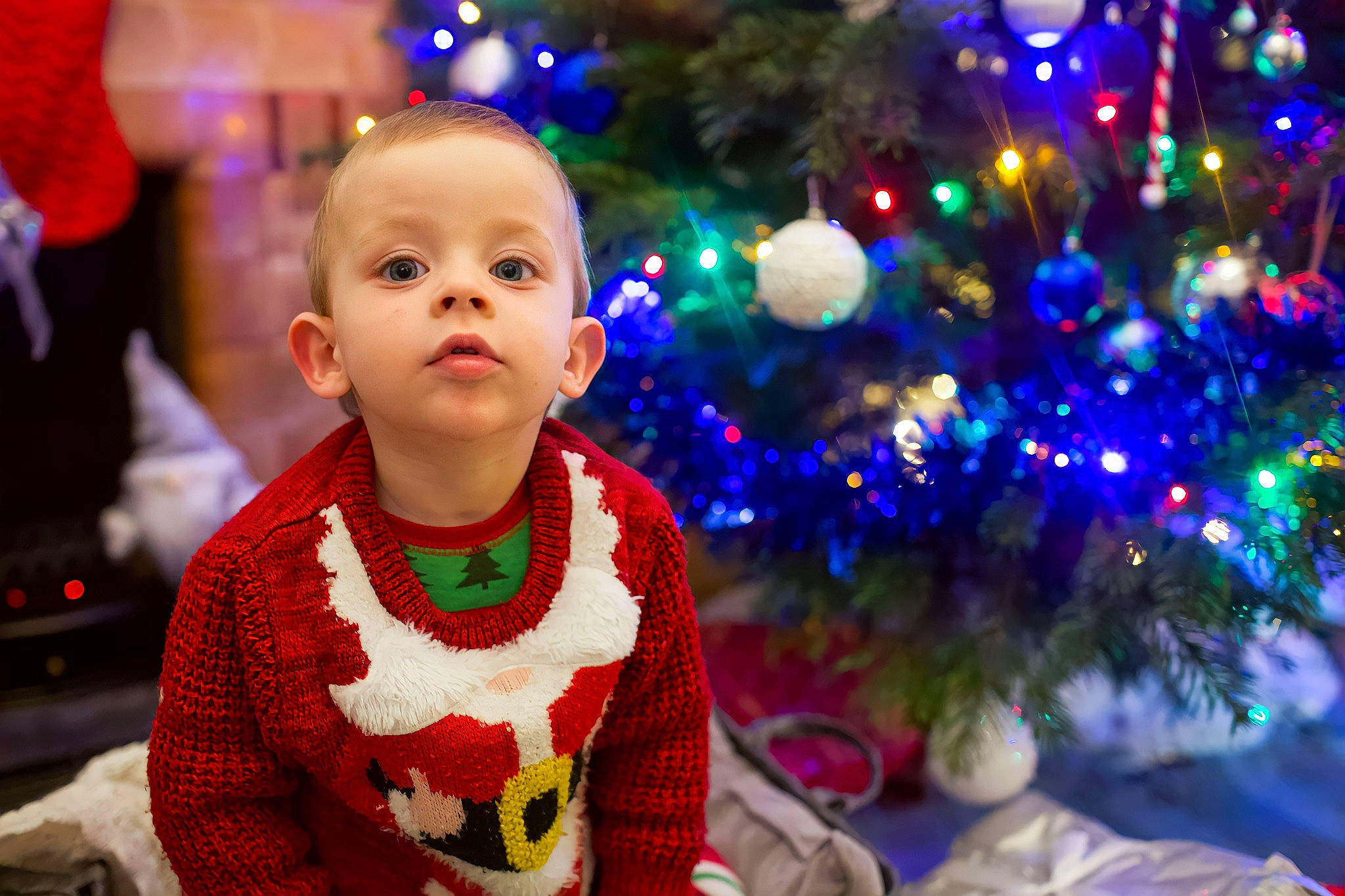 Taylor joined the competition — help win amazing prizes! christmas_decoration, christmas_ornament, christmas_tree, decoration, event, evergreen, facial_expression, fun, happy, holiday, holiday_ornament, light, ornament, person, plant, red, standing, toddler, tradition, white