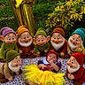 baby, infant, child, gnomes, garden_gnomes, costume, princess_costume, yellow_tutu, red_bow, blanket, outdoor, garden, grass, tree, plants, balloon, gold_balloon, group, portrait, fairy_tale