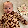 baby, infant, leopard_print, onesie, tongue_out, blue_eyes, fluffy_blanket, flower_sign, 3_months, cute, milestone, lying_down, child, smiling, soft_texture, playful, closeup, person, portrait, young