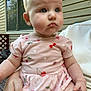 baby, child, pink_dress, cherry_pattern, outdoor, person, lap, hand, nail_art, window, house_siding, skin, face, blue_eyes, expression, sitting, summer, daylight, cute, curious