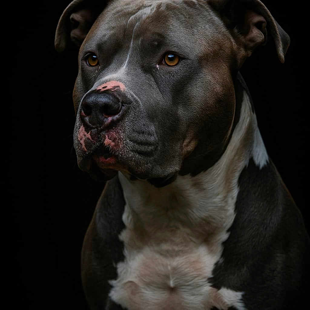 Barbak a rejoint le concours — aidez-le/la à gagner de superbes lots ! alert, amber_eyes, animal, black_background, calm, canine, close_up, dog, domestic_animal, focused, headshot, mammal, muscular, pet, pink_nose, pit_bull, portrait, serious, short_fur, studio_lighting