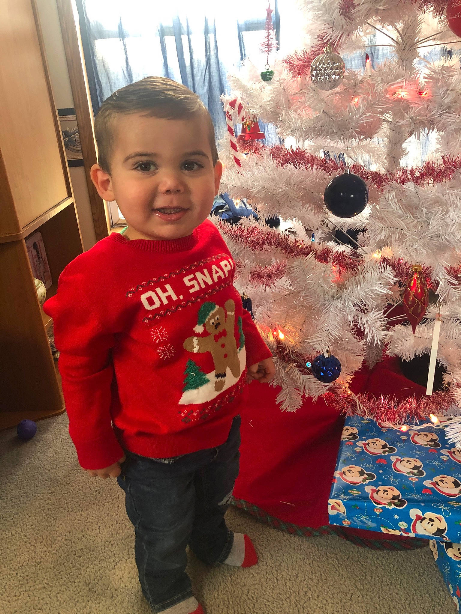 Lyle is registered to the contest to win money with this photo: child, christmas, christmas_decoration, christmas_eve, christmas_tree, event, holiday, interior_design, joy, outerwear, person, play, smile, standing, toddler, tree