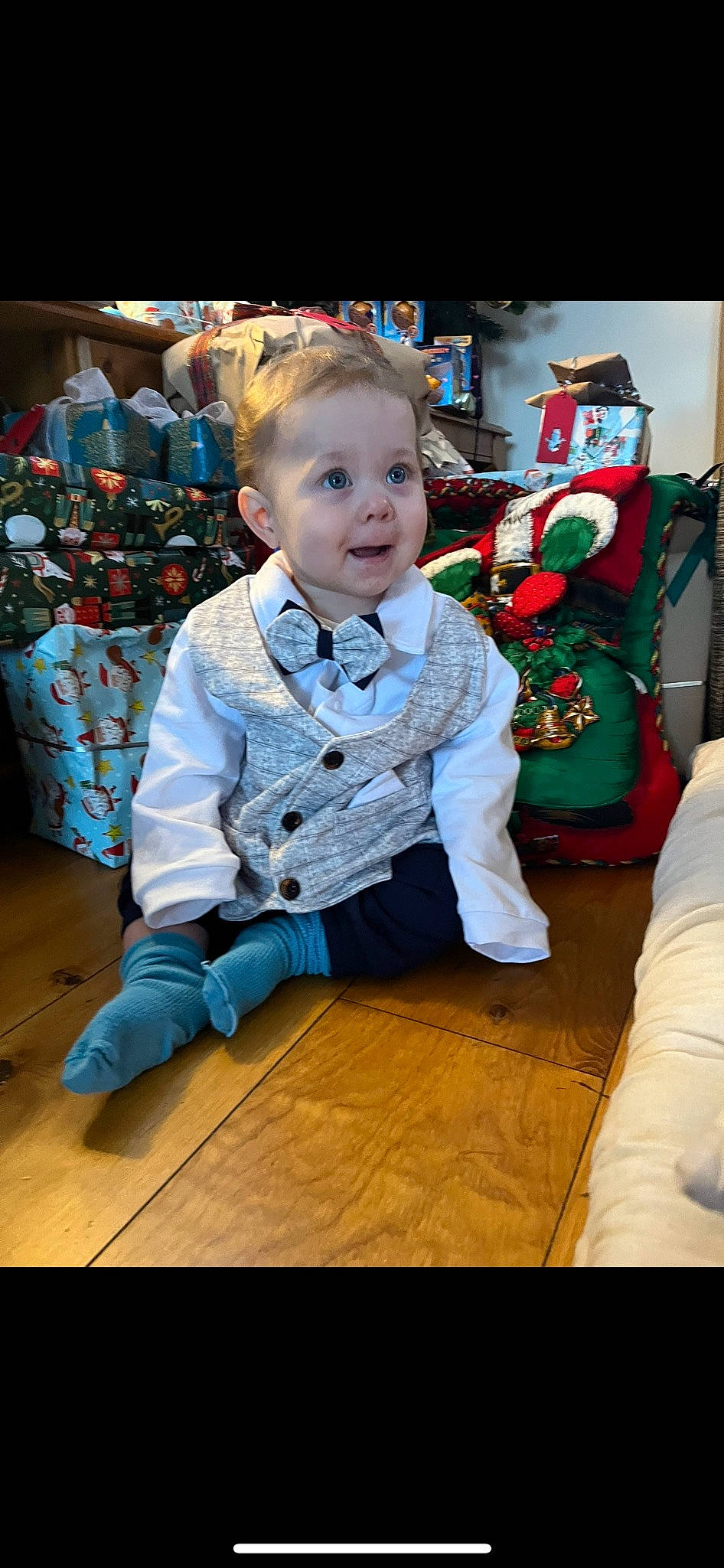 Mason joined the competition — help win amazing prizes! baby, baby_toddler_clothing, child, christmas, christmas_ornament, event, eye, flooring, fun, happy, head, holiday, human_body, leisure, person, sitting, smile, toddler, tradition, tree