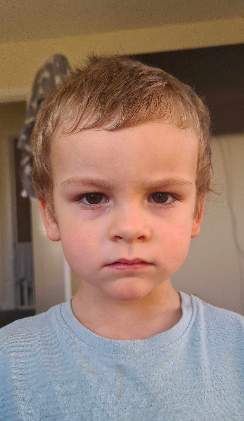Daniel joined the competition — help win amazing prizes! child, face, portrait, indoor, serious, young, boy, person, clothing, short_hair, expression, skin, head, eyebrows, eyes, nose, mouth, shirt, background, closeup
