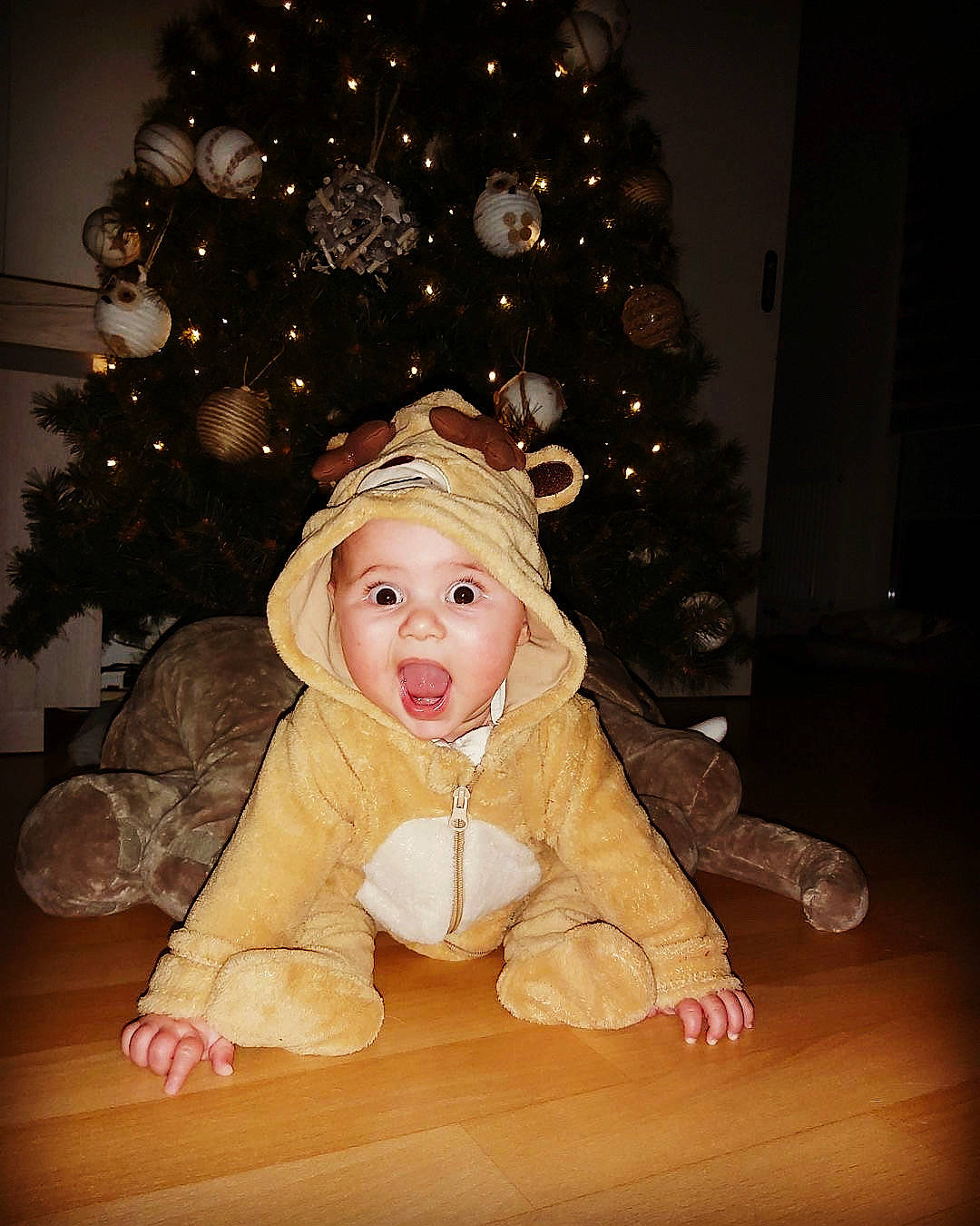 Jade participe au concours pour gagner de l'argent avec cette photo : baby, baby_toddler_clothing, cheek, christmas, christmas_decoration, christmas_eve, christmas_lights, christmas_ornament, christmas_tree, conifer, costume, costume_accessory, facial_expression, headwear, holiday, holiday_ornament, interior_design, nose, ornament, person